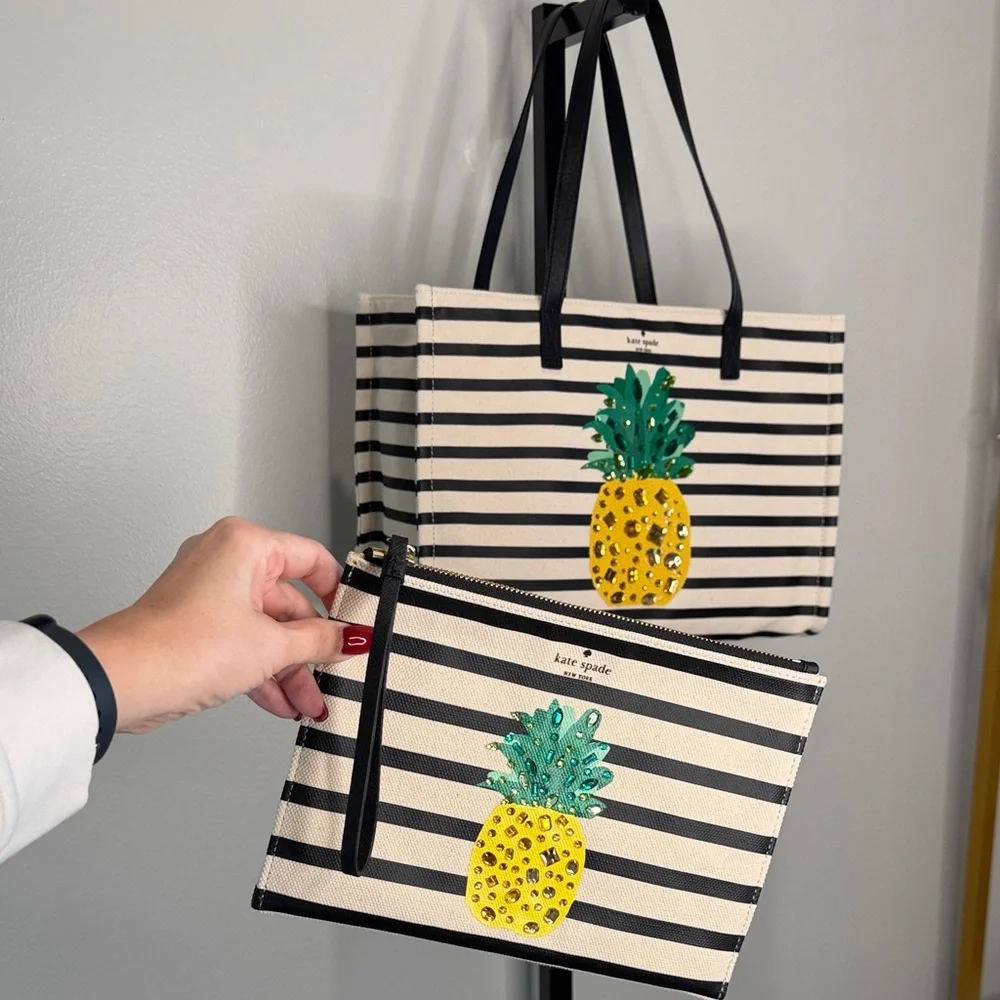 Kate Spade New York By The Pool Pineapple Embellished Canvas Tote and Wristlet